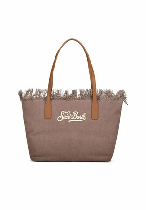 Borsa tote in tela marrone con bordi superiori sfrangiati, manici in pelle color cuoio e logo bianco "MC2 Saint Barth" centrato sulla parte anteriore.