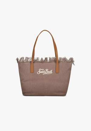Borsa tote in tela marrone con bordi superiori sfrangiati, manici in pelle color cuoio e logo bianco "MC2 Saint Barth" centrato sulla parte anteriore.