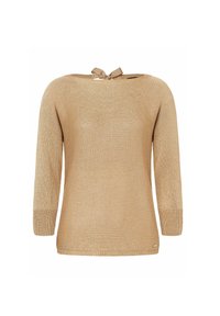 Beige gebreide trui met een brede halslijn, driekwartmouwen en een strikdetail op de rug. Gelaagd stof met een ontspannen pasvorm.