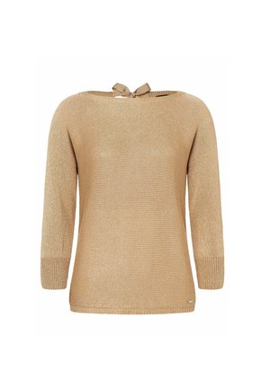 Beige gebreide trui met een brede halslijn, driekwartmouwen en een strikdetail op de rug. Gelaagd stof met een ontspannen pasvorm.