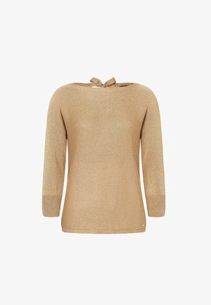 Beige gestrickter Pullover mit weitem Ausschnitt, Dreiviertelärmeln und einer Schleifendetail auf der Rückseite. Strukturierter Stoff mit lockerer Passform.