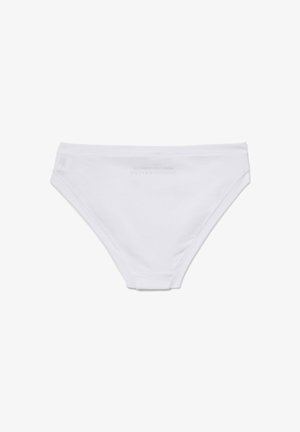 Białe figi wykonane z organicznej bawełny o gładkiej fakturze, niskim kroju i minimalnych detalach w pasie elastycznym. Posiadają subtelną markę.