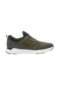 Chaussure de sport vert olive avec des matériaux en mesh et en daim, semelle intermédiaire blanche, accents gris, bout arrondi et boucle de lacet orange contrastante.