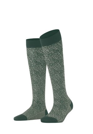 Pair of green knee-high socks with complex white geometric pattern and solid green cuffs, heels, and toes.