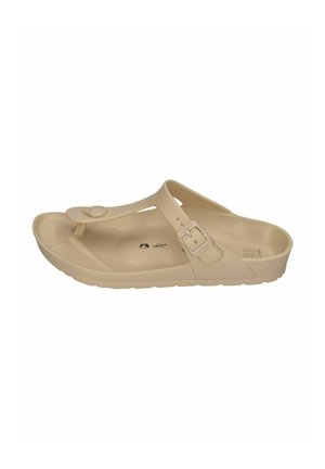 Beige Zehensandale mit verstellbarem Schnallenriemen und profilierter Sohle, designed für den Alltag.