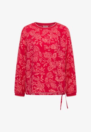 Blouse rouge à manches longues avec motif floral rose clair, encolure ronde, poignets élastiques et lien ajustable sur le côté à l'ourlet.