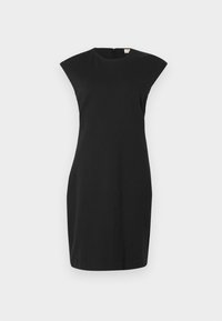 Melnas īsas kleitas elegants dizains, ar kapu aizsargapģērbu, augstu kakla izgriezumu un slēptu rāvējslēdzēju aizmugurē. Gluda, stiepjas auduma.