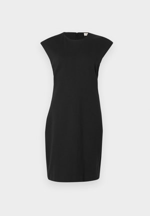 Czarna krótka sukienka o eleganckim fasonie, z krótkimi rękawkami, wysokim kołnierzem i zamkiem błyskawicznym schowanym z tyłu. Gładki, elastyczny materiał.