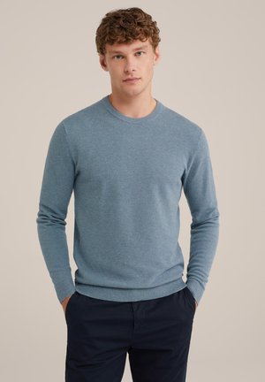 Blue knitted sweater with a round neckline, long sleeves, and ribbed cuffs. Textured fabric with a slight sheen.