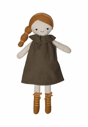 Soft fabric doll with a brown dress featuring a round collar. Has a braided orange hairstyle and brown shoes with laces.