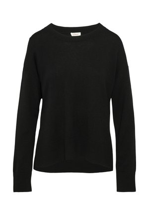 Zwarte gebreide trui met een ronde halslijn, verlaagde schouders en een geribbelde zoom. Zachte textuur en relaxed fit, met lange mouwen en zijsplitdetails.