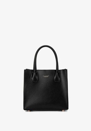 Sac en cuir noir avec deux poignées courtes, forme structurée, texture lisse, logo doré et pieds en métal ronds pour la stabilité.