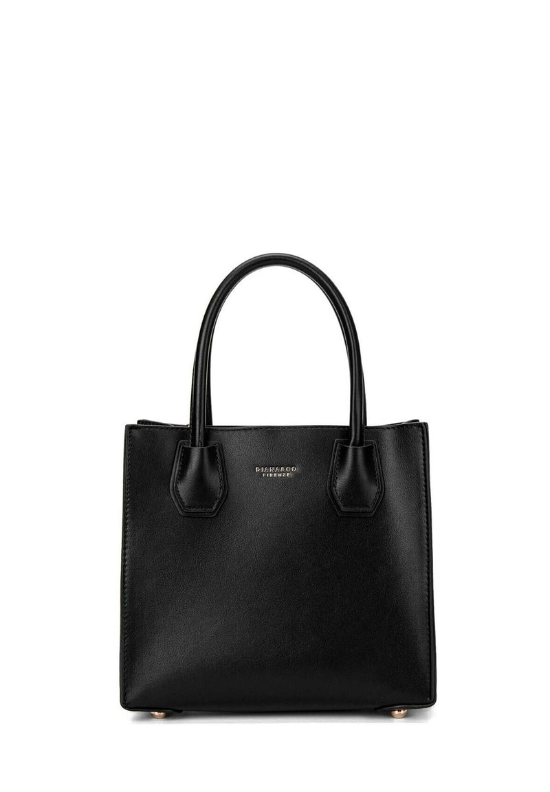 Zwarte leren handtas met twee korte handvaten, gestructureerde vorm, gladde textuur, gouden logo en ronde metalen voetjes voor stabiliteit.