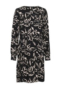 Rochie neagră cu mâneci lungi și un model floral în nuanțe de bej. Fabricată dintr-un material neted, cu decolteu rotund și o croială lejeră.