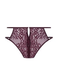 Bordeaux kant string met bloemenpatronen, een sleutelgatopeningen aan de achterkant en dunne verstelbare bandjes. Rekbaar materiaal voor extra comfort.