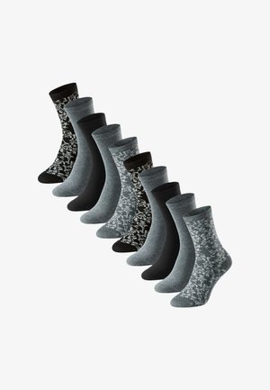 Set di dieci calzini in varie tonalità di nero e grigio, con colori solidi e motivi floreali. Il materiale sembra morbido con una texture a coste.