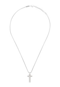 Sølv kæde med et struktureret korsvedhæng og en lille accentsten, der fremhæver et slankt design og poleret finish.