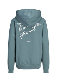 Sweat-shirt à capuche en bleu clair, présentant un grand texte graphique blanc au dos. Manches et ourlet côtelés avec une texture de tissu lisse.