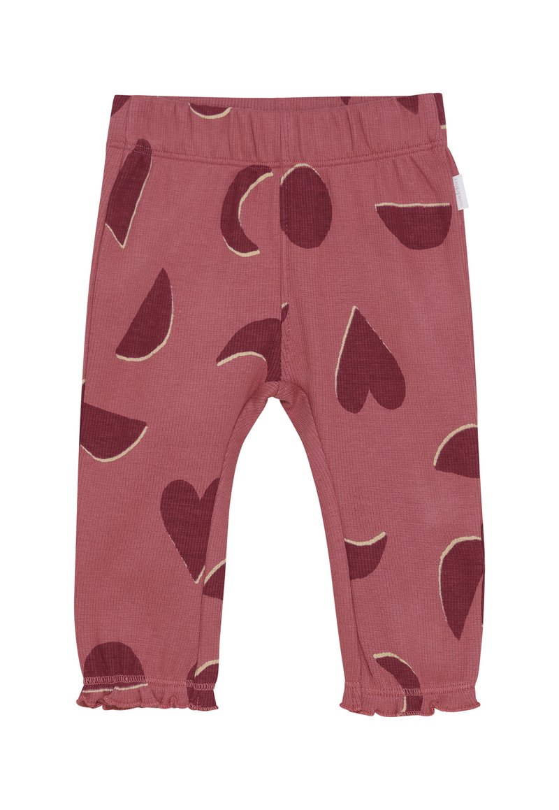 Roze peuterleggings met bordeauxrode hart- en maanpatronen en ruches aan de enkel.
