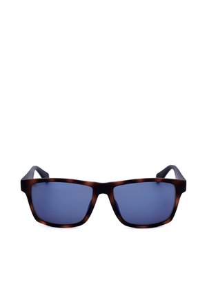 Occhiali da sole rettangolari con montatura in tartaruga scura e lenti sfumate blu, mostrati frontalmente su sfondo bianco.