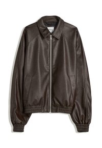 Brown leather bomber jacket with a collared neckline, zip closure, ribbed cuffs, and a textured finish. Features side pockets.