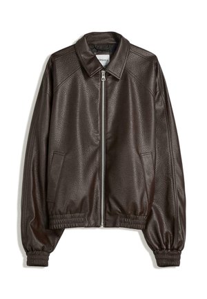 Brown leather bomber jacket with a collared neckline, zip closure, ribbed cuffs, and a textured finish. Features side pockets.