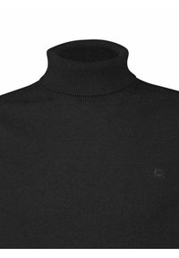 Schwarzer Rollkragenpullover aus weichem Strickstoff, mit einem gerippten Kragen und einem dezenten Logo-Detail auf der Brust.