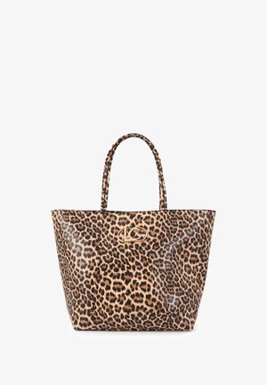 Tote bag with leopard print pattern, two handles, and a small gold-tone metal logo on the front center.