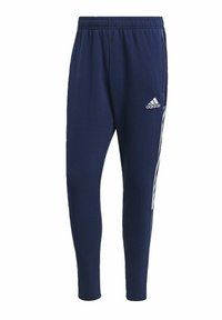 Navy blue cotton athletic pants with elastic waistband, slim fit, featuring white side stripes and an Adidas logo on the left thigh.