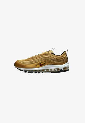 Sneaker Nike Air Max 97 w metaliczno-złotym i czarnym kolorze, z wyraźnym wzorem falistym, białą podeszwą środkową oraz widoczną poduszką powietrzną w podeszwie.