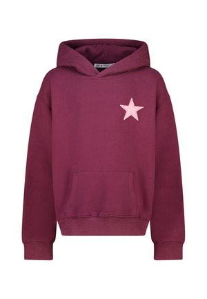 Burgunderfarbener Hoodie mit einer rosa Stern-Applikation auf der linken Brust, ausgestattet mit einer Kängurutasche sowie gerippten Bündchen und Saum. Hergestellt aus weichem Material.