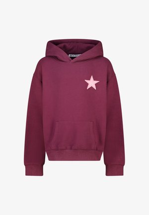 Burgundy hoodie with a pink star appliqué on the left chest, featuring a kangaroo pocket and ribbed cuffs and hem. Made from soft fabric.