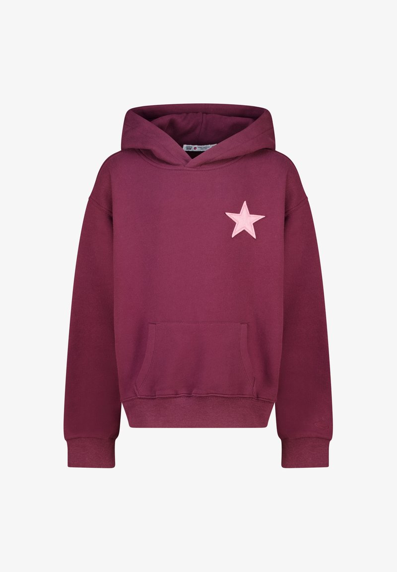 Sudadera burdeos con un aplique de estrella rosa en el lado izquierdo del pecho, cuenta con un bolsillo canguro y puños y dobladillo acanalados. Fabricada con un tejido suave.