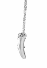 Hõbedast ripats, millel on sujuv, kaarjas kujundus, riputatud punutud kettale. Metallil on poleeritud viimistlus ja sile tekstuur.