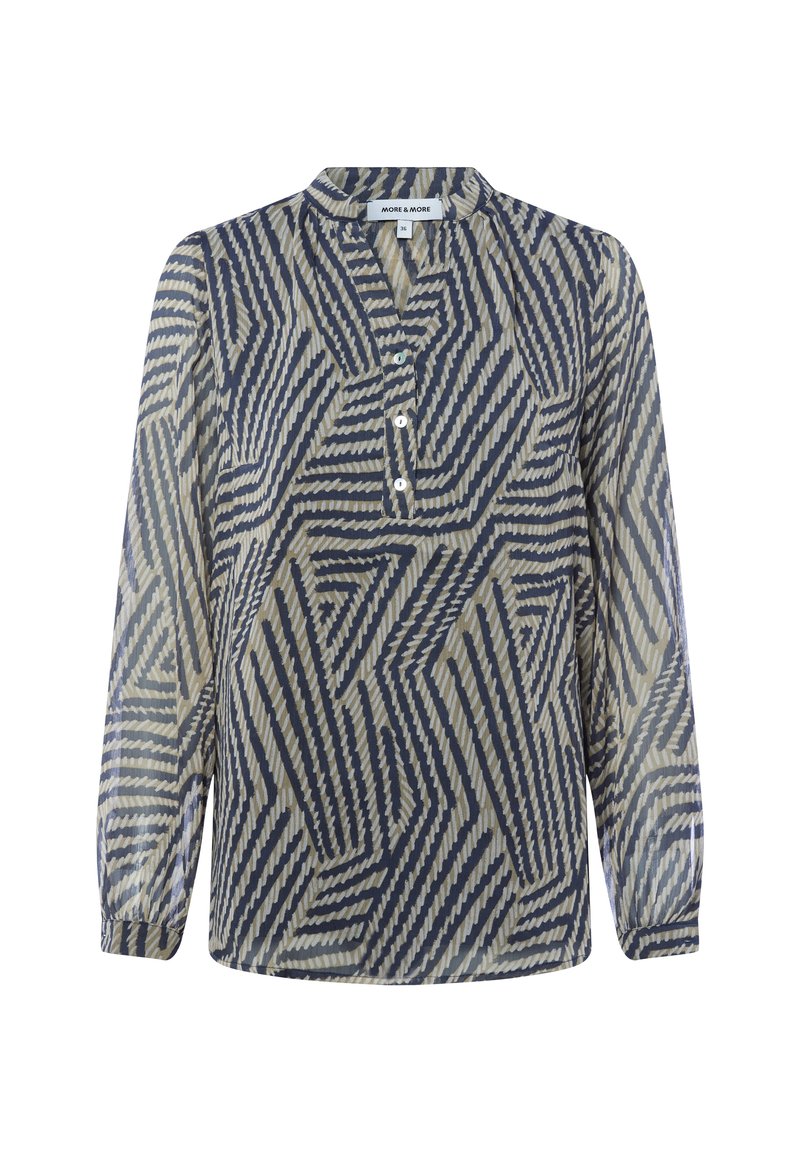 Langärmlige Bluse aus transparenter Stoff mit geometrischem Muster in Marineblau und Creme, mit einem geknöpften Henley-Ausschnitt und abgerundetem Saum.
