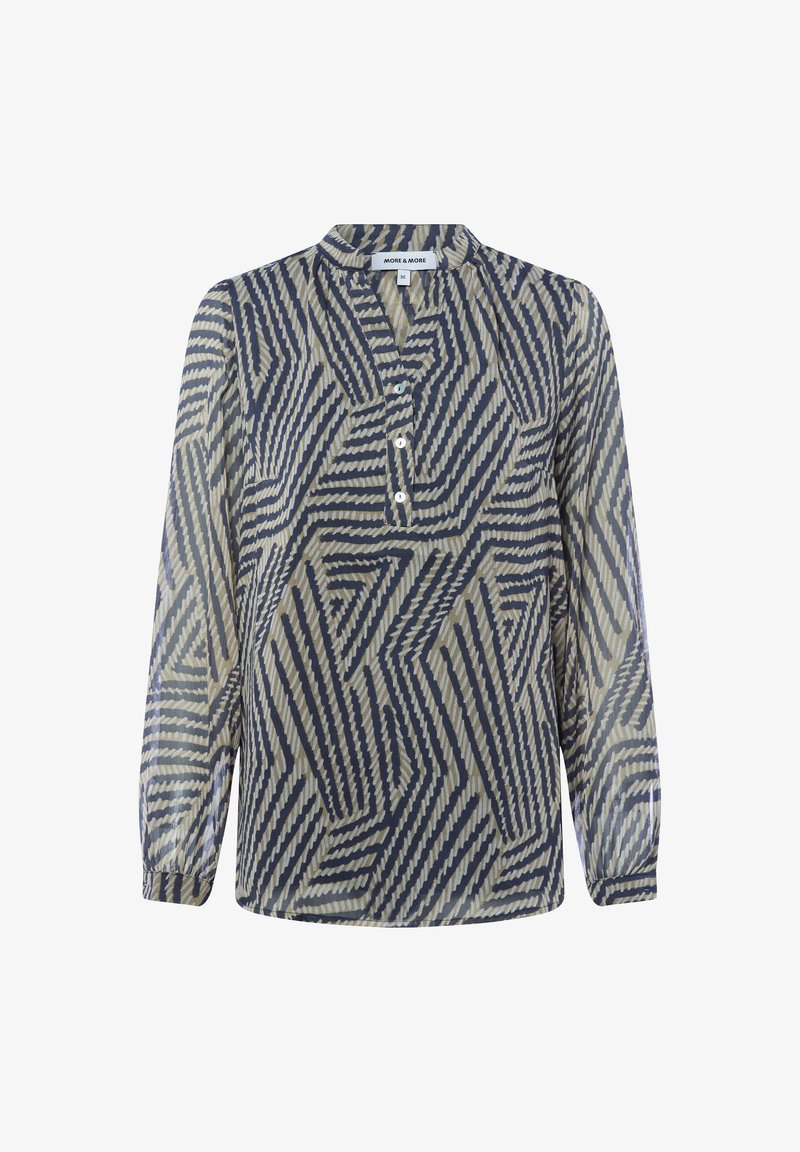 Langärmlige Bluse aus transparenter Stoff mit geometrischem Muster in Marineblau und Creme, mit einem geknöpften Henley-Ausschnitt und abgerundetem Saum.