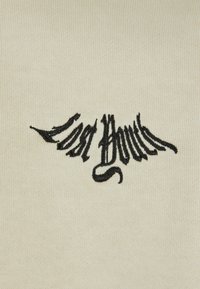 Akré tűzött fekete hímzett szöveg található rajta, amely "Elveszett Ifjúság" néven szerepel, gótikus betűtípussal, ezzel textúrát adva a sima felületnek.