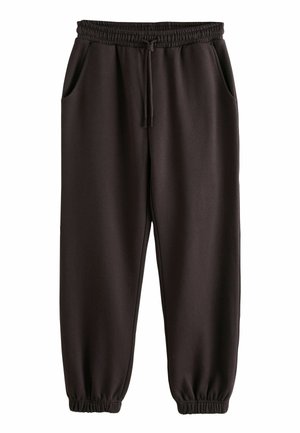 Schwarze, weiche Stoff-Jogginghosen mit einem elastischen Bund, Kordelzug und seitlichen Taschen. Die Bündchen sammeln sich an den Knöcheln für eine taillierte Passform.