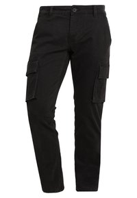 Czarne spodnie cargo z bawełny, z dwoma bocznymi kieszeniami, zapięciem na guzik, prostym krojem nogawek i gładką teksturą.
