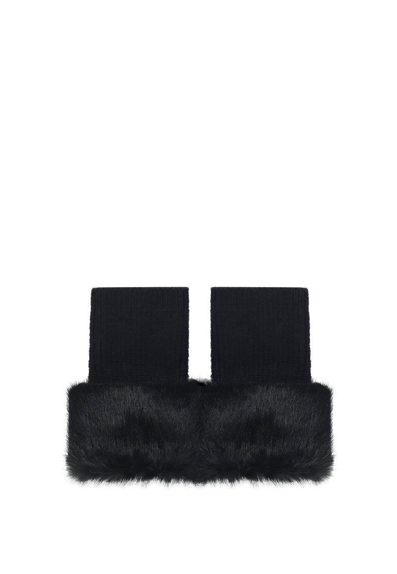 Sciarpa nera con una parte superiore in maglia testurizzata e una sezione inferiore in morbido pellicciotto sintetico, creando un design a contrasto con materiali distinti.