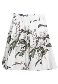 Vit kjol med blommönster som har gröna blad och rosa blommor. Elastisk midja, utsvängd design, lättviktig tyg och knälång.