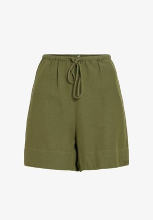 Short en coton vert olive avec taille élastique et cordon devant, coupe décontractée et ourlet droit.