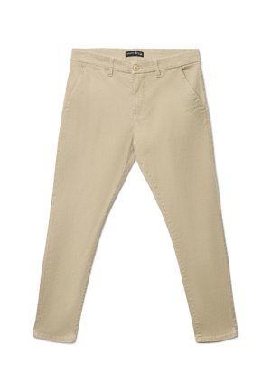 Pantaloni casual beige slim fit con chiusura a bottone e zip, passanti per cintura e tasche anteriori, distesi su uno sfondo bianco.