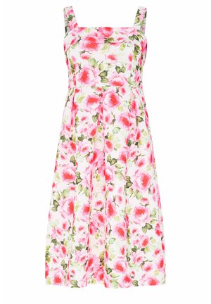 Witte mouwloze midi-jurk met brede bandjes, voorzien van een roze rozenbloemmotief en groene bladeren.