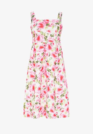 Witte mouwloze midi-jurk met brede bandjes, voorzien van een roze rozenbloemmotief en groene bladeren.