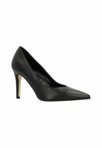 Zwarte leren hoge hakpumps met een spitse neus, slanke stiletto-hak, een gladde textuur en een klassiek ontwerp. Geen zichtbare logo's of versieringen.