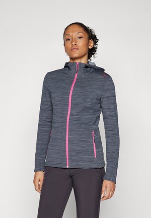 Veste zippée gris foncé avec des accents roses, dotée d'une capuche, d'un tissu texturé, de deux poches avant et d'un design ajusté.