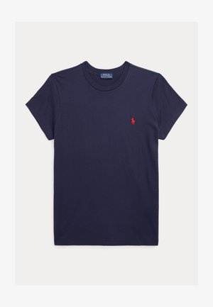 Moromodra majica s kratkimi rokavi in okroglim izrezom, z majhnim rdečim vezenim logotipom Polo Ralph Lauren na levi prsni strani.