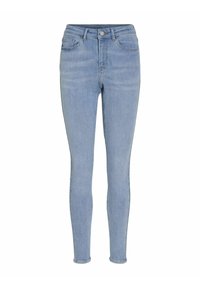 Jeans skinny de tiro alto en azul claro, confeccionados en denim suave, con diseño de cinco bolsillos, trabillas para cinturón y cierre frontal con botón.