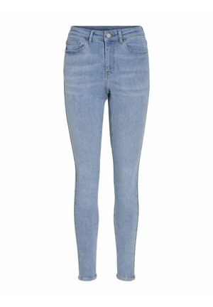 Světle modré vysoké skinny džíny z měkkého denimu, s pěti kapsami, poutky na opasek a zapínáním na předním knoflíku.